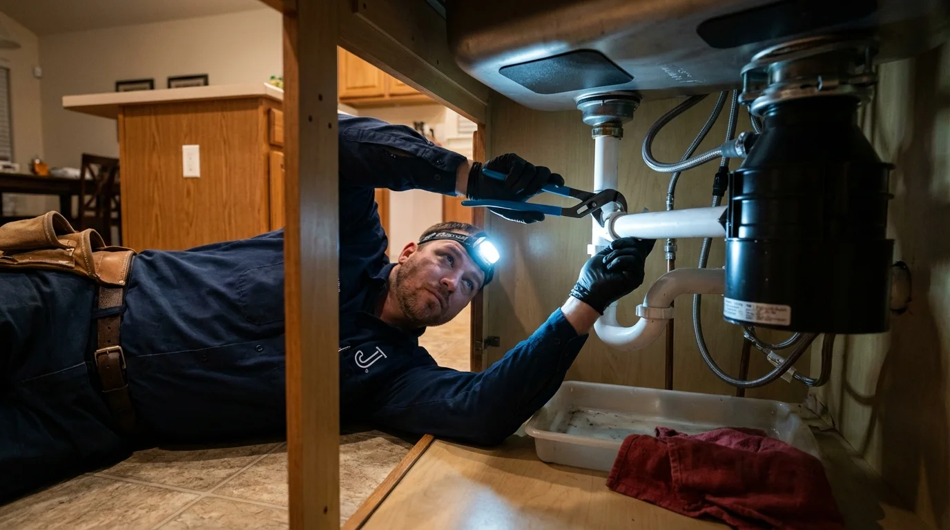 P-trap and supply line connections under a kitchen sink showing a common leak point in Greenwood, SC